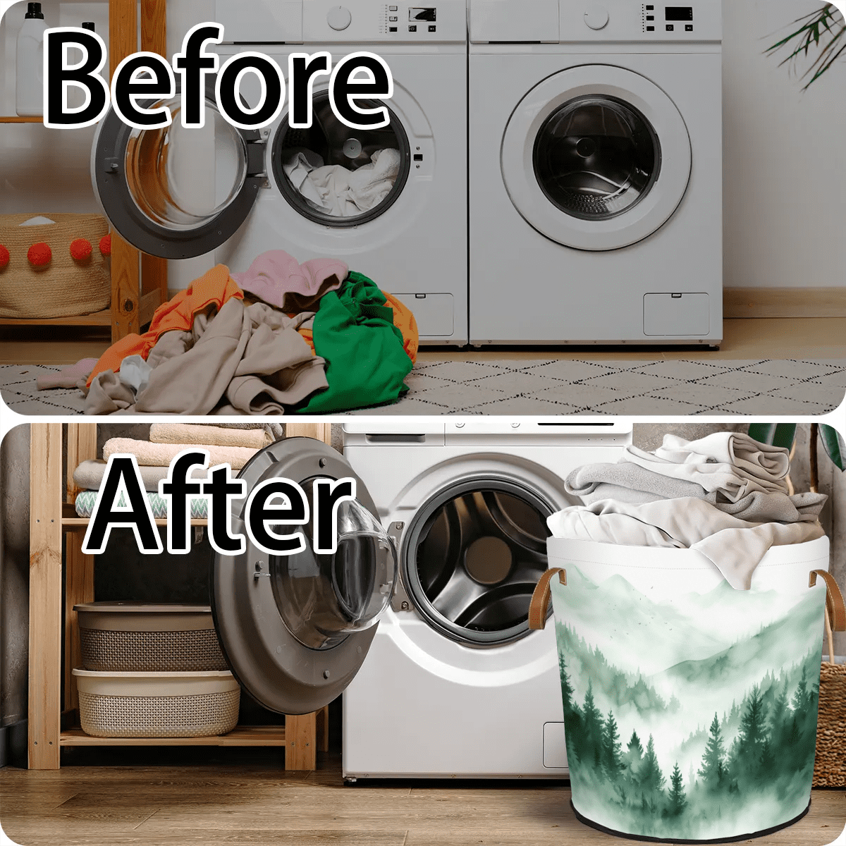 ADECORIVY Misty Forest Laundry Basket Mountain Waterproof Collapsible Hamper with Handles Oxford Cloth Dirty Clothes Tote for Bathroom, Bedroom, Living Room