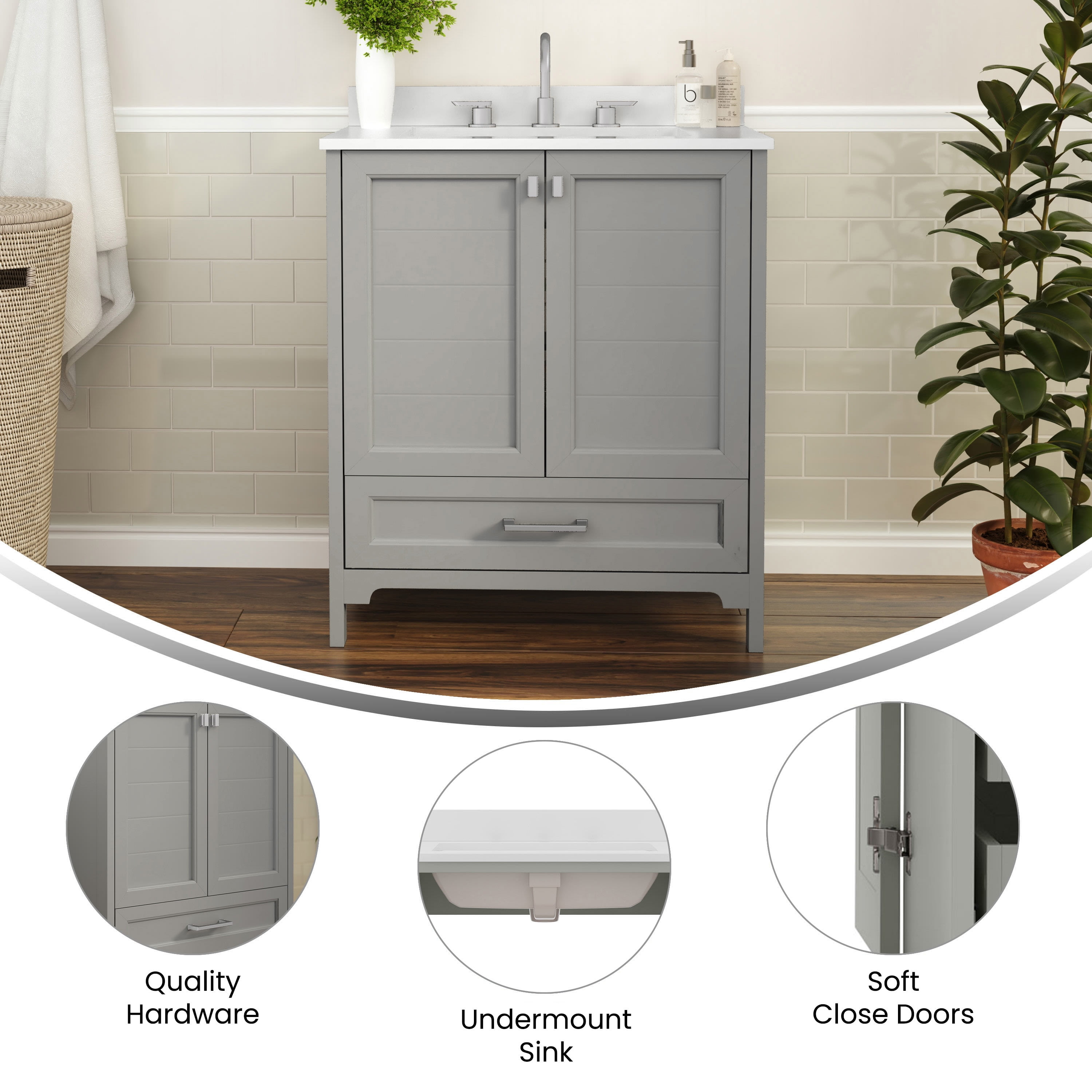 BizChair 30 Inch Bathroom Vanity with Sink, Storage Cabinet with Soft Close Doors and Bottom Drawer, Carrara Marble Finish Countertop, Gray