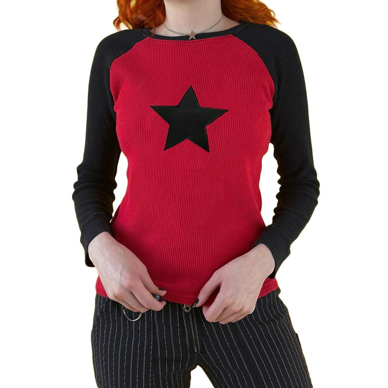 wybzd Women Retro Long Star Y2k Sleeve Shirt Red Harajuku Graphic Top Print Grunge Knit Streetwear Tee L T-Shirt