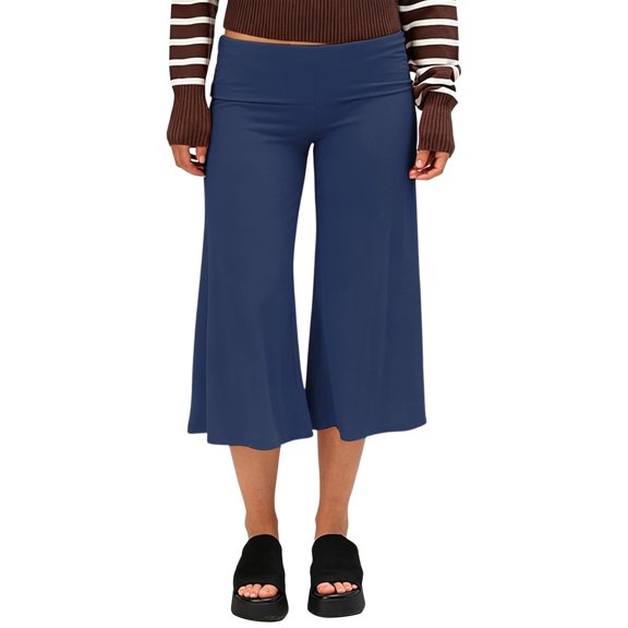 Oiangi Foldover Yoga Capri Pants for Women High Waist Stretch Flowy Palazzo Capris Solid Color Soft Lounge Pant Navy 2XL