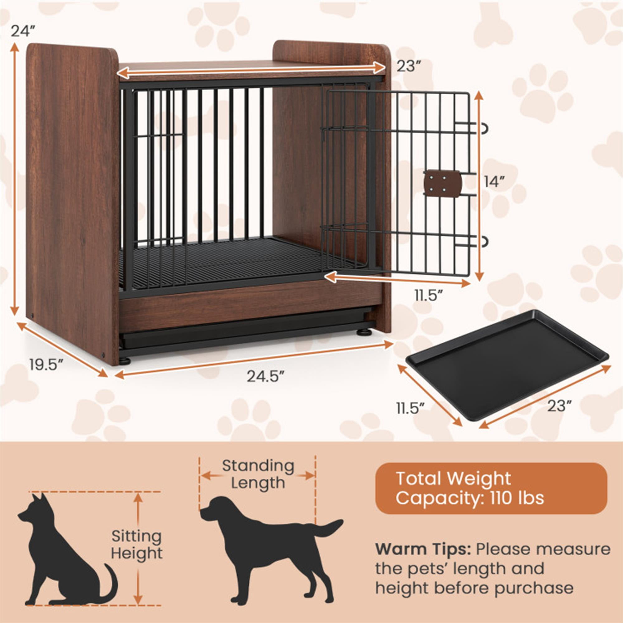 Pefilos 25" Dog Crate Furniture, Indoor Dog Kennel with Removable Tray and Lockable Door, Decorative Pet Cage Dog House, Brown