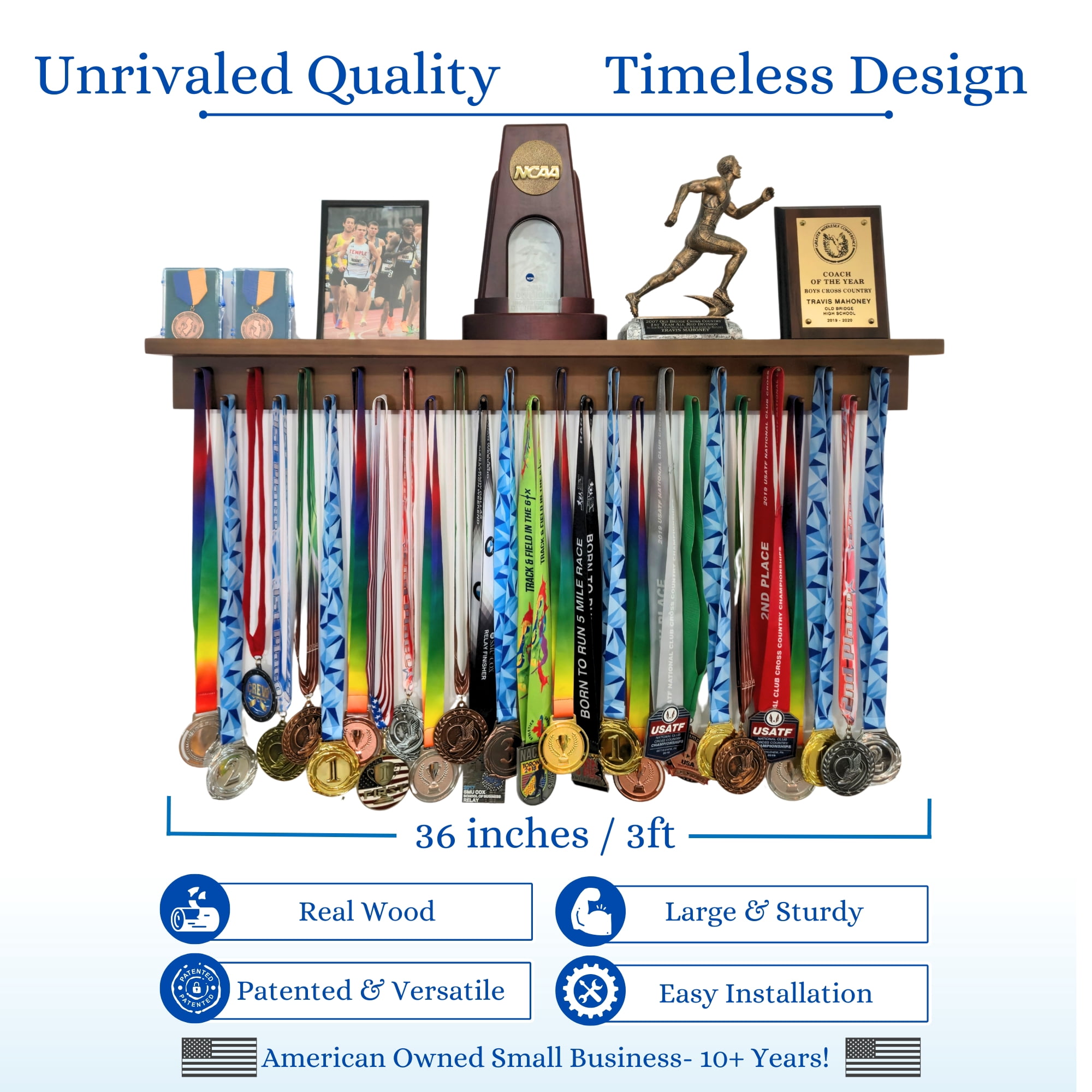 Medal Awards Rack Trophy Shelf and Award Display Rack (36" Walnut) Medal Hanger with Shelf