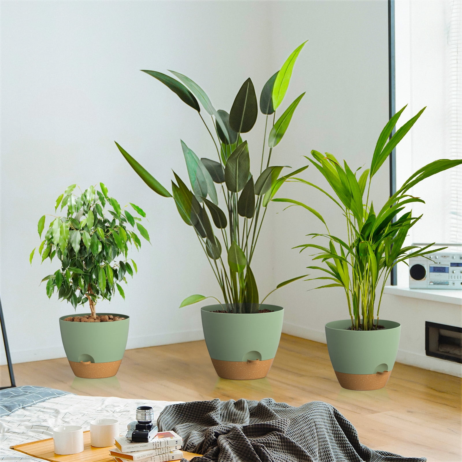 FIASON 3 Pack 9/10/12 Inch Green & Brown Self-Watering Plant Pots, Indoor Outdoor Garden Planters with Drainage Holes, Watering Lip & Removable Saucer for Flowers & House Plants