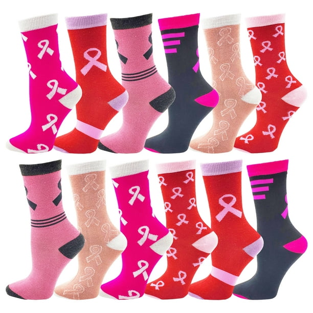 Winterlace 12 Pairs of Womens Breast Cancer Awareness Socks, Pink