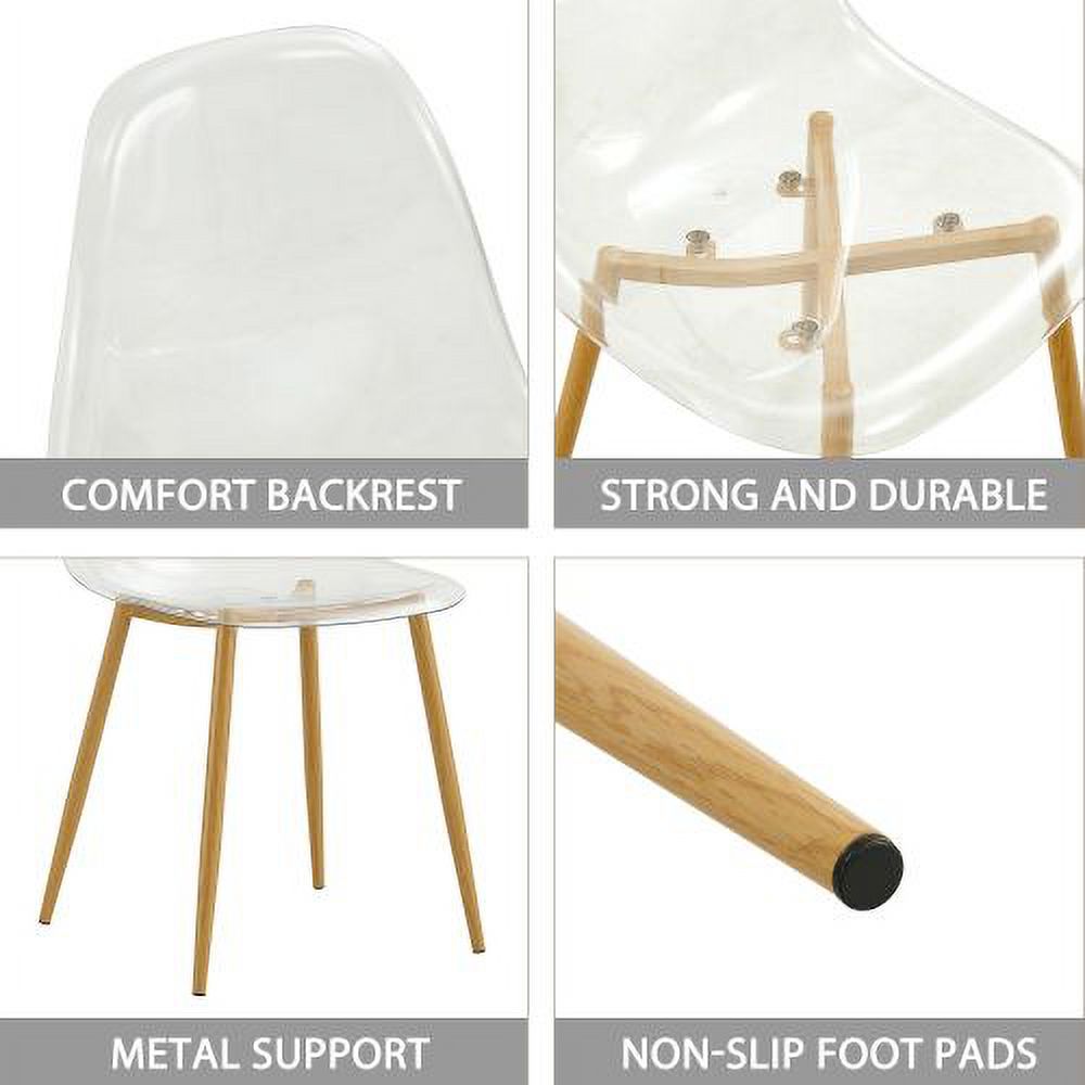 BSHTI Modern simple transparent dining chair plastic chair armless crystal chair Nordic creative makeup stool negotiation chair Set of 4 and wood color metal leg