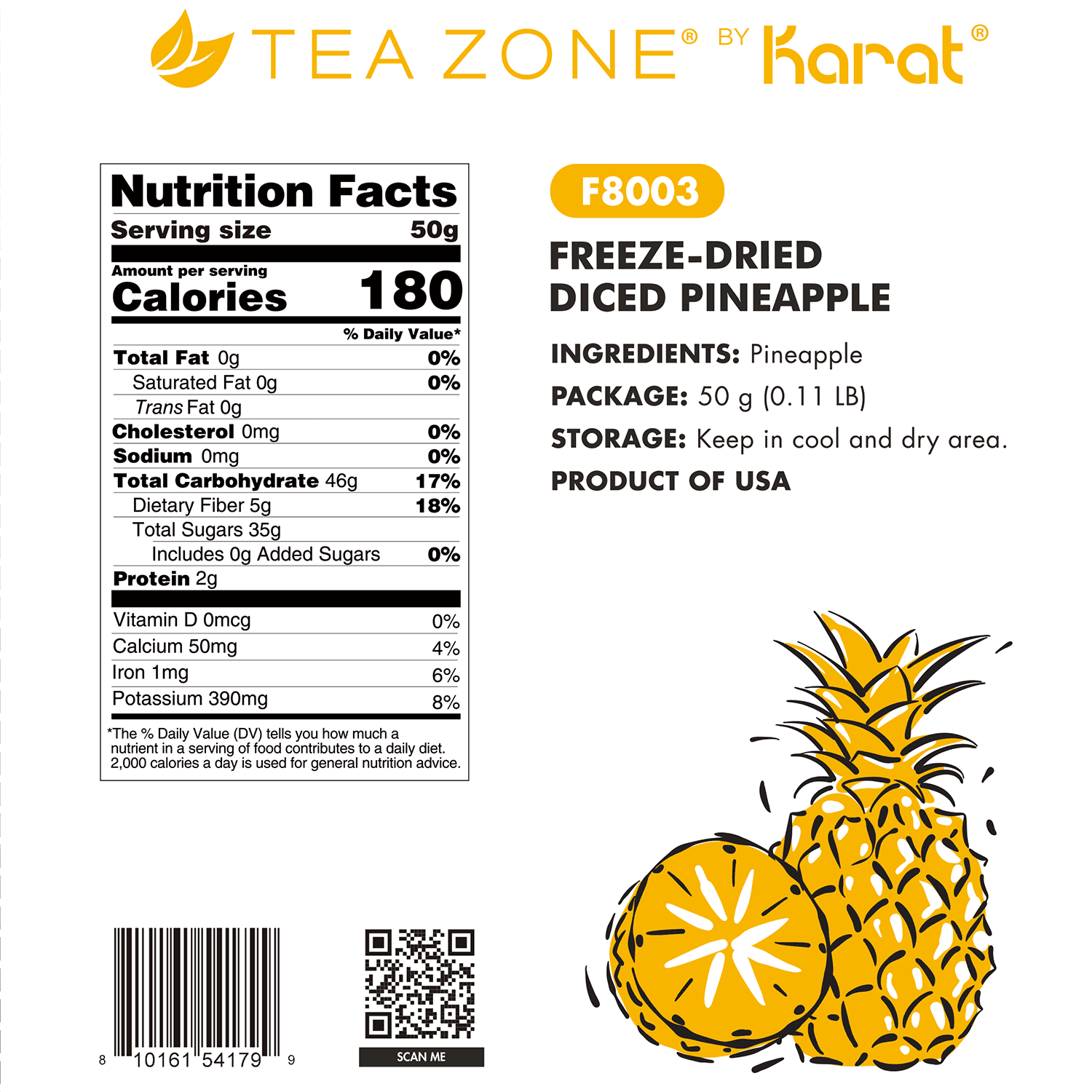 [12 Pack] Tea Zone Freeze-Dried Pineapple, Diced - 1.76 oz Each