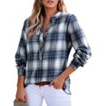 thumbnail image 3 of Women'S V Neck Plaid Shirts Dressy Casual Button-Down Business Work Boho Tops Long Sleeve Fall Outfits Navy Blue S, 3 of 9