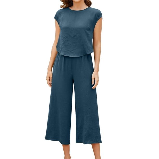 ICHUANYI Liquidación 2 piezas moda mujer cuello redondo sólido manga corta Top + pantalones de bolsillo sueltos traje ICHUANYI WER202308251615