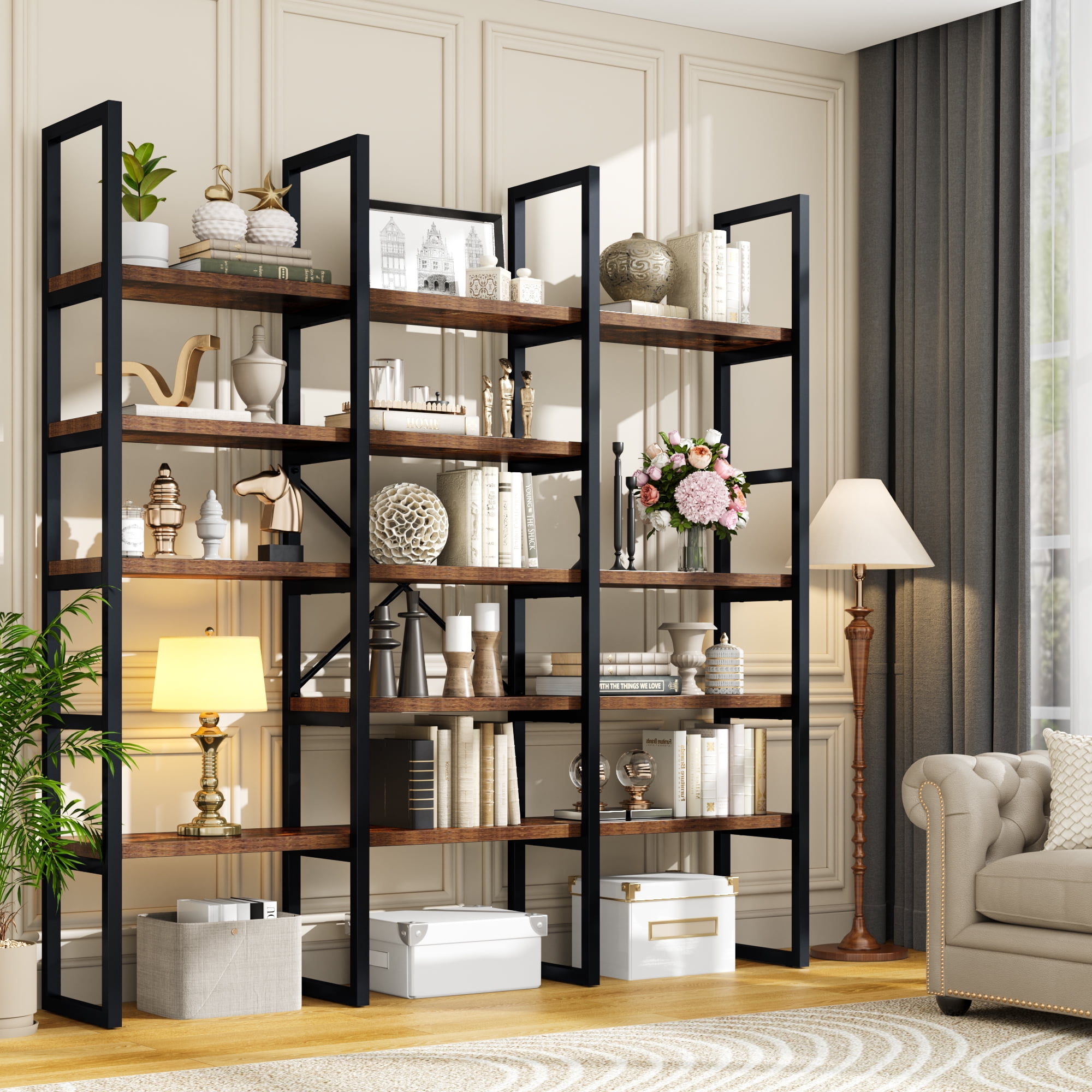 ModFurne Large Bookshelf 5 Tiers, Triple Wide Geometric Bookcase, 71 Inches Tall Industrial Book Shelves Etagere Book Case, Brown
