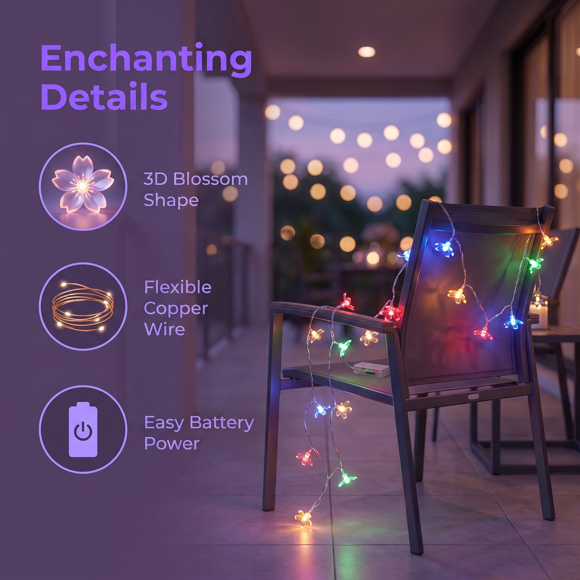 Unique Bargains Indoor Aesthetic Botanical Fairy Lamps 6.6 ft Colorful Battery Operated