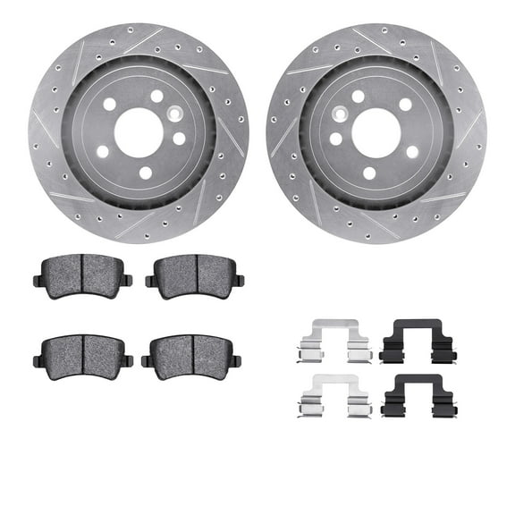 Dynamic Friction Company Rear Brake Rotors-Drilled and Slotted-Silver with 5000 Euro Ceramic Brake Pads includes Hardware 7612-27041