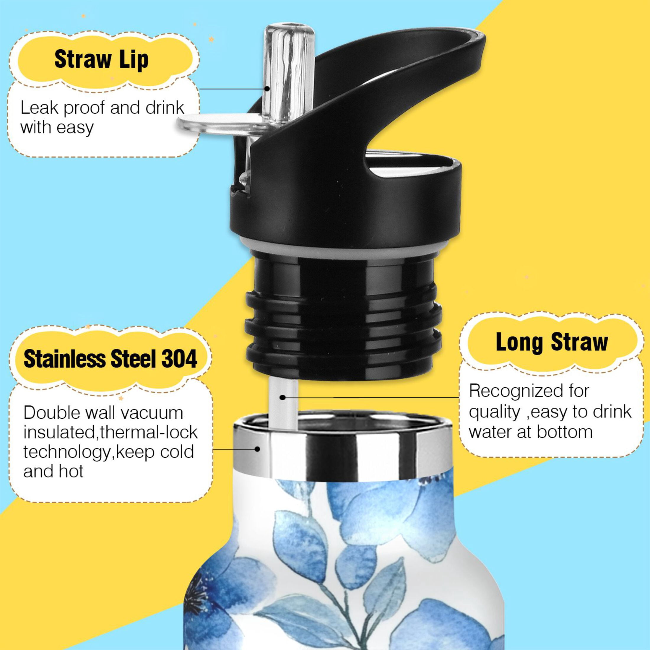 600ML Stainless Steel Insulated Cup Sports Water Bottle Portable Thermos Cup Water Glasses Insulated Tumblers Convenient and Durable Cartoon Blue Flowers