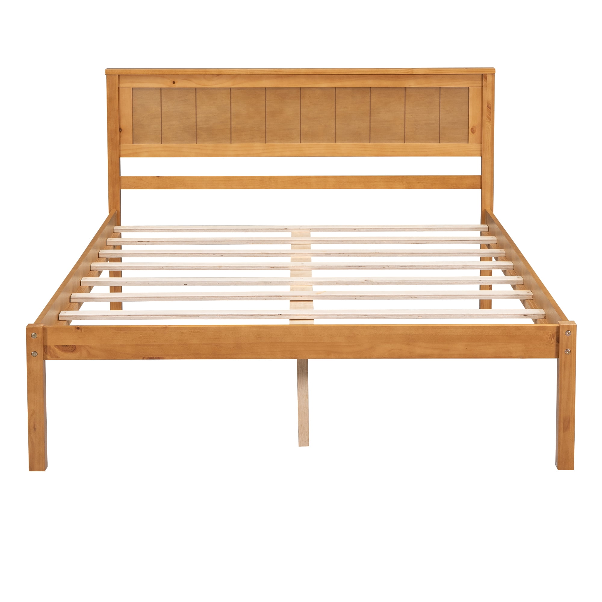 Euroco Full Platform Bed, Modern Wood Frame Bed with Headboard and Slats for Kids Room, No Box Spring Needed, Oak