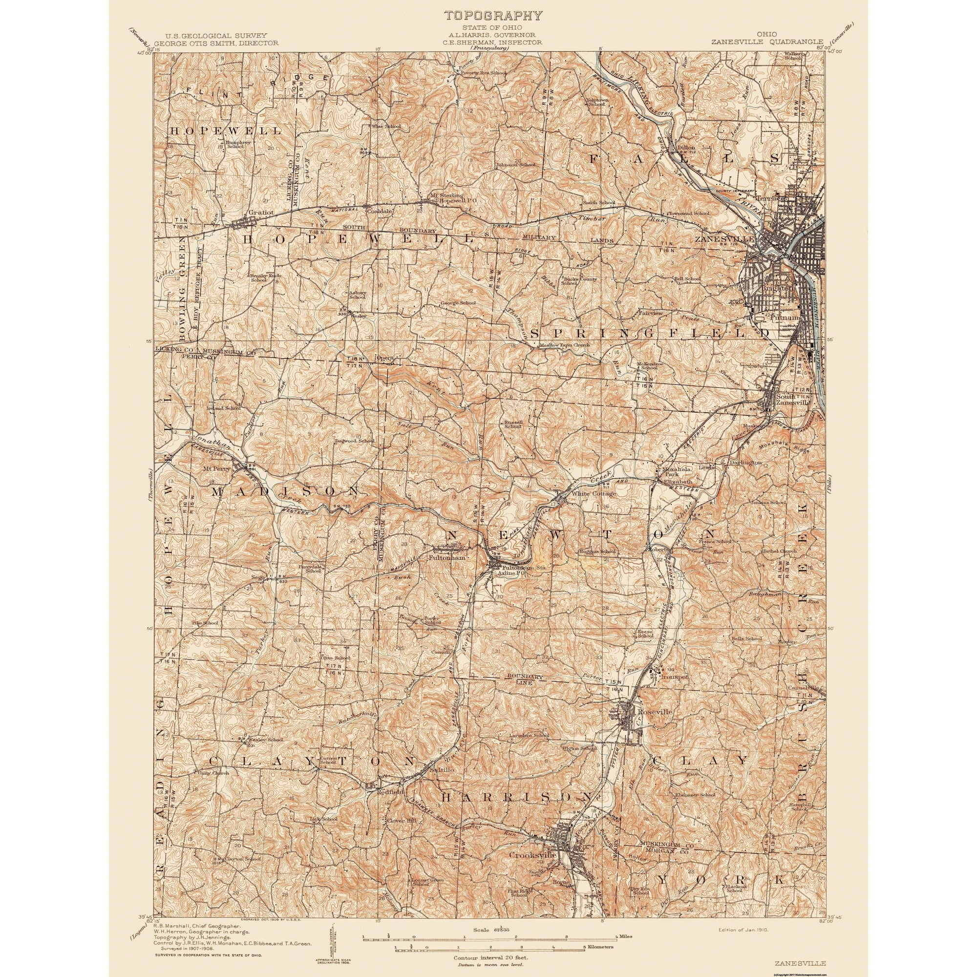 Topographical Map - Zanesville Ohio Quad - USGS 1910 - Vintage Wall Art