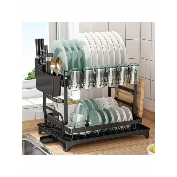 Dish Drying Rack 2 Tier Large Capacity Stainless Steel Dish Drainer with Drainboard and Utensil Holder, Kitchen Countertop Organizer Rack