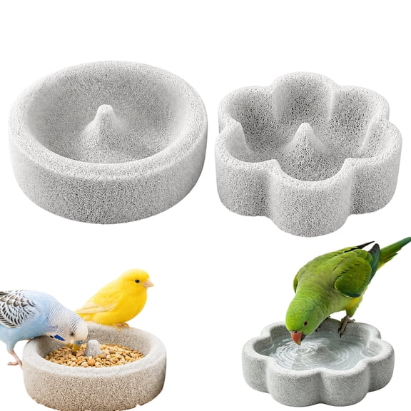 2-in-1 Natural Pumice Stone Bird Food Bowl, 5.9-Inch Bird Cage Feeder for Small Birds, Round or Flower Style Dish for Food and Water