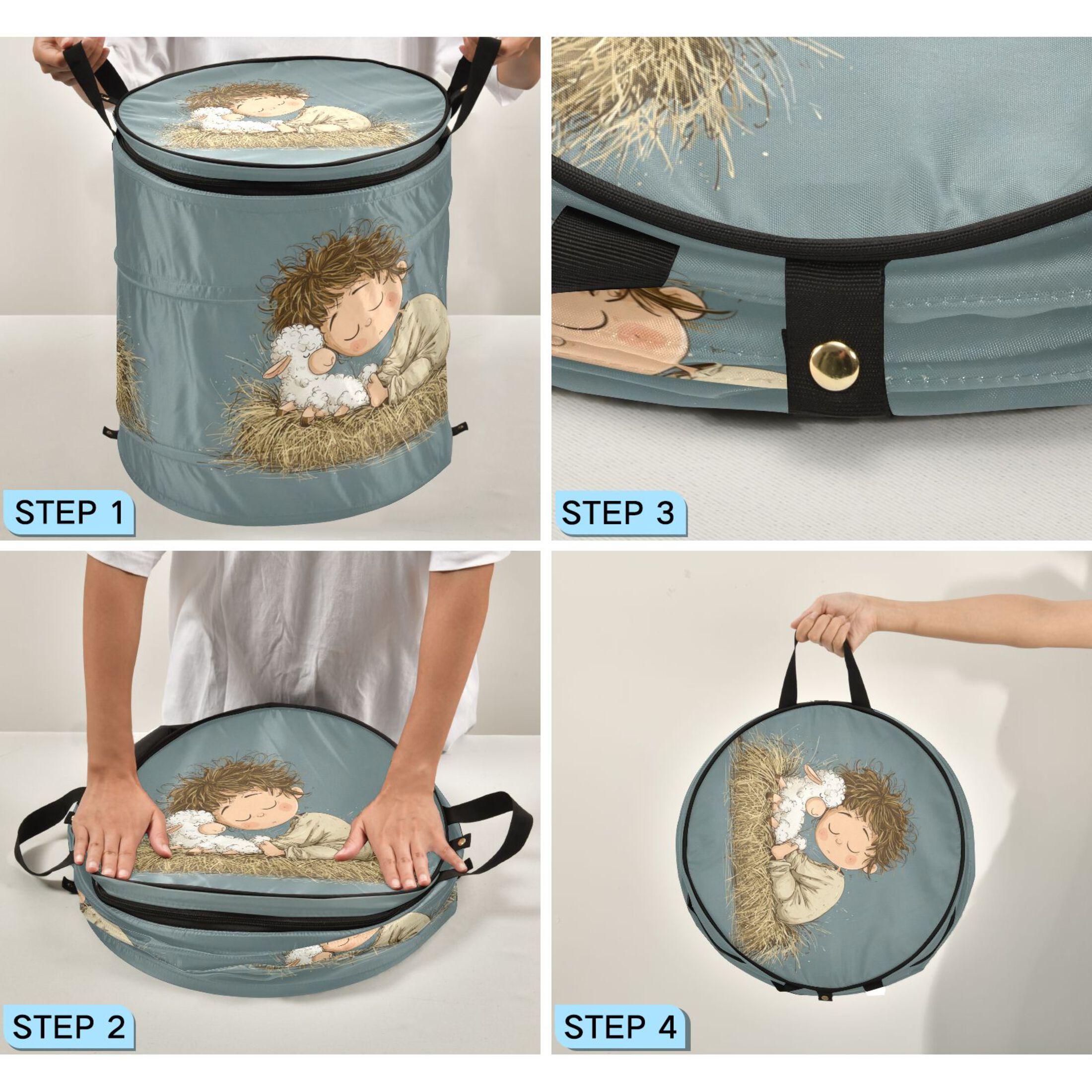 50L Extra Large Popup Hamper Collapsible Laundry Basket With Zippered Lid 15.7x18.5in A Cute Boy Sleeps with Lamb