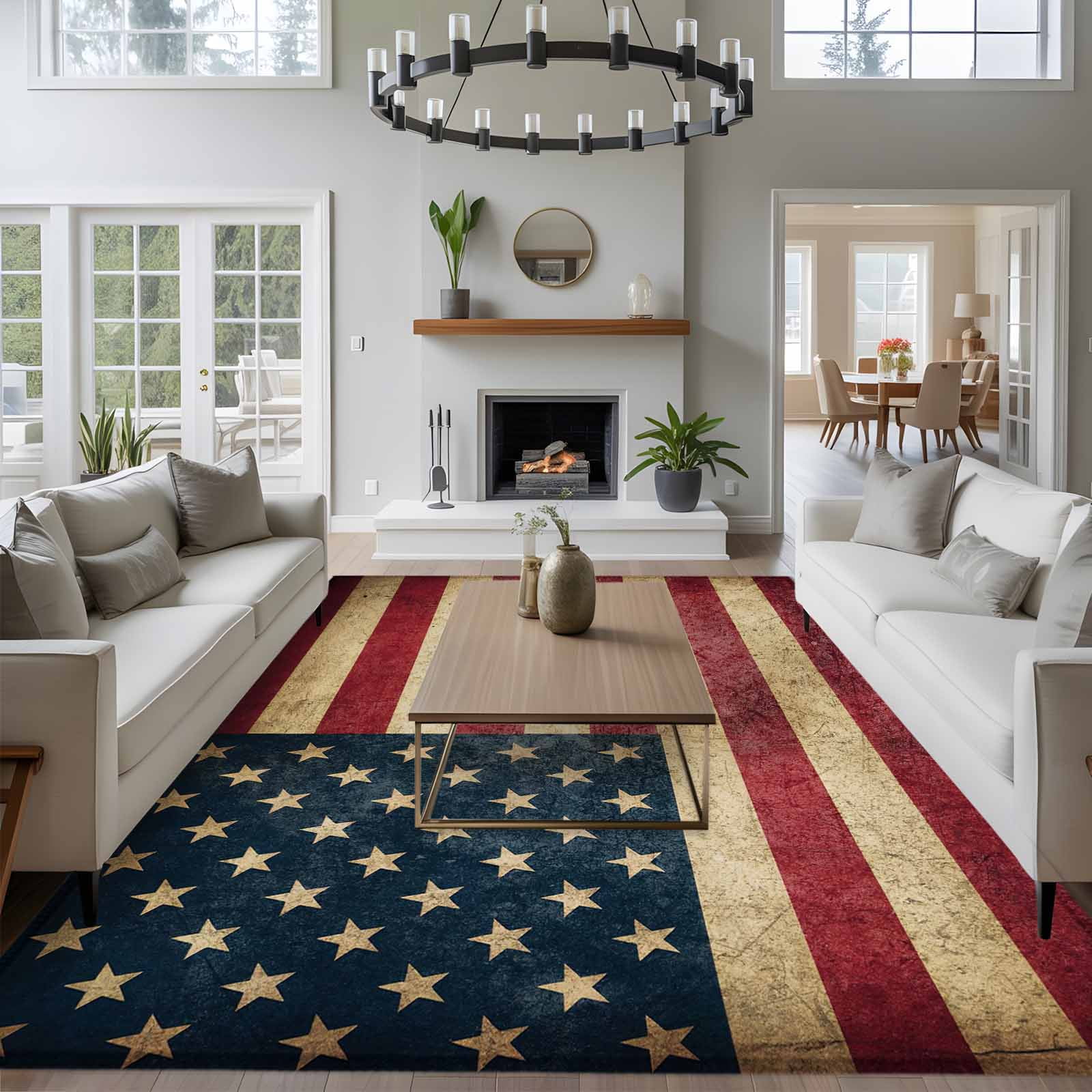 4th of July Area Rugs 8'x10', Washable Small Throw Rugs for Living Room Patio, Independence Day Farmhouse American Flag Indoor Outdoor Rug Non-Slip Low Pile Carpet Runner Reversible Floor Mats