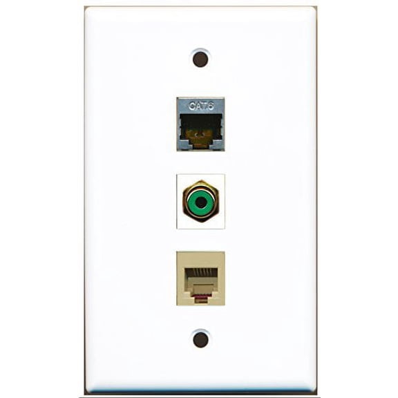 RiteAV - 1 Port RCA Green and 1 Port Phone RJ11 RJ12 Beige and 1 Port Shielded Cat6 Ethernet Wall Plate