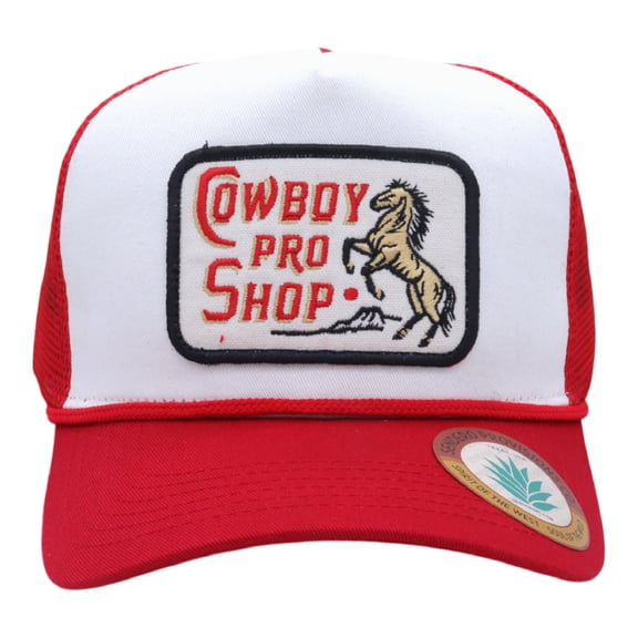 Sendero Provisions Co. Cowboy Pro Shop Hat - White/Red - Trucker Snapback w/ Embroidered Logo & Mesh Back, One Size Fits Most