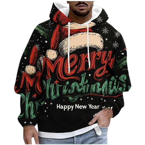 SERTG Men's Christmas Print Hooded Sweatshirt Long Sleeve Fashion Drawstring Front Pockets Stylish Casual Holiday Gifts Men's Tops(Black,2XL)