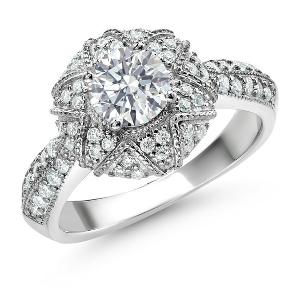 Gem Stone King 1.13 Cttw Lab Grown Diamond and White Moissanite Engagement Ring for Women | 925 Sterling Silver | Round 6MM | Gemstone April Birthstone (Size 6)