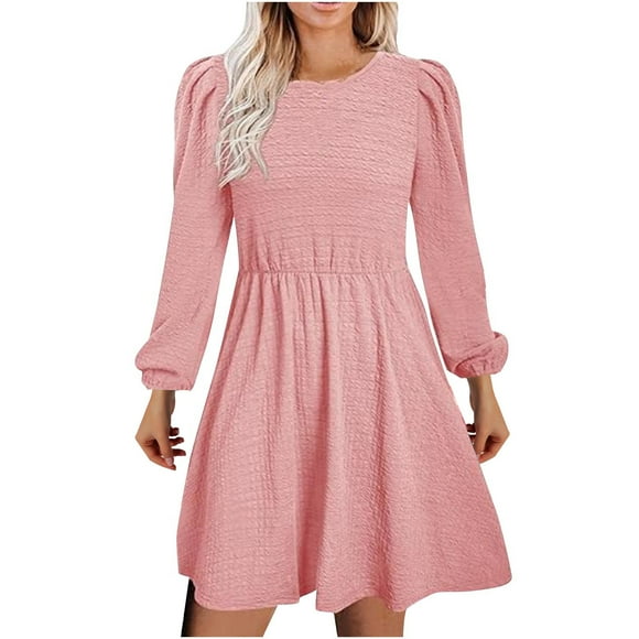 cfhntfmh Mini Dresses for Women Fall Crewneck Puff Long Sleeve Short Dress Casual Solid Color Vacation Dress