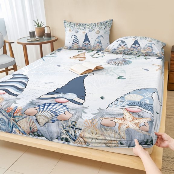 Queen Size Fitted Sheet Set - Blue Coastal Gnomes 3 Piece Bedding Sets 16" Deep Pocket Fitted Sheet with 2 Pillowcases, Ocean Eucalyptus Coral Starfish Brushed Microfiber Hotel Luxury Bed Sheets