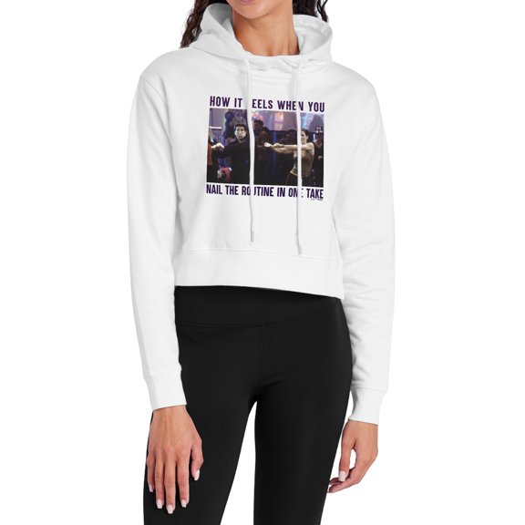Friends Nail the Routine Women's Cropped Hoodie Pullover Sweatshirt, White, Small