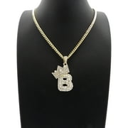 Unique Fashion 21 Hip Hop Stone Filled Crown Bubble Initial Letter B Pendant 3mm 24" Cuban Chain Necklace