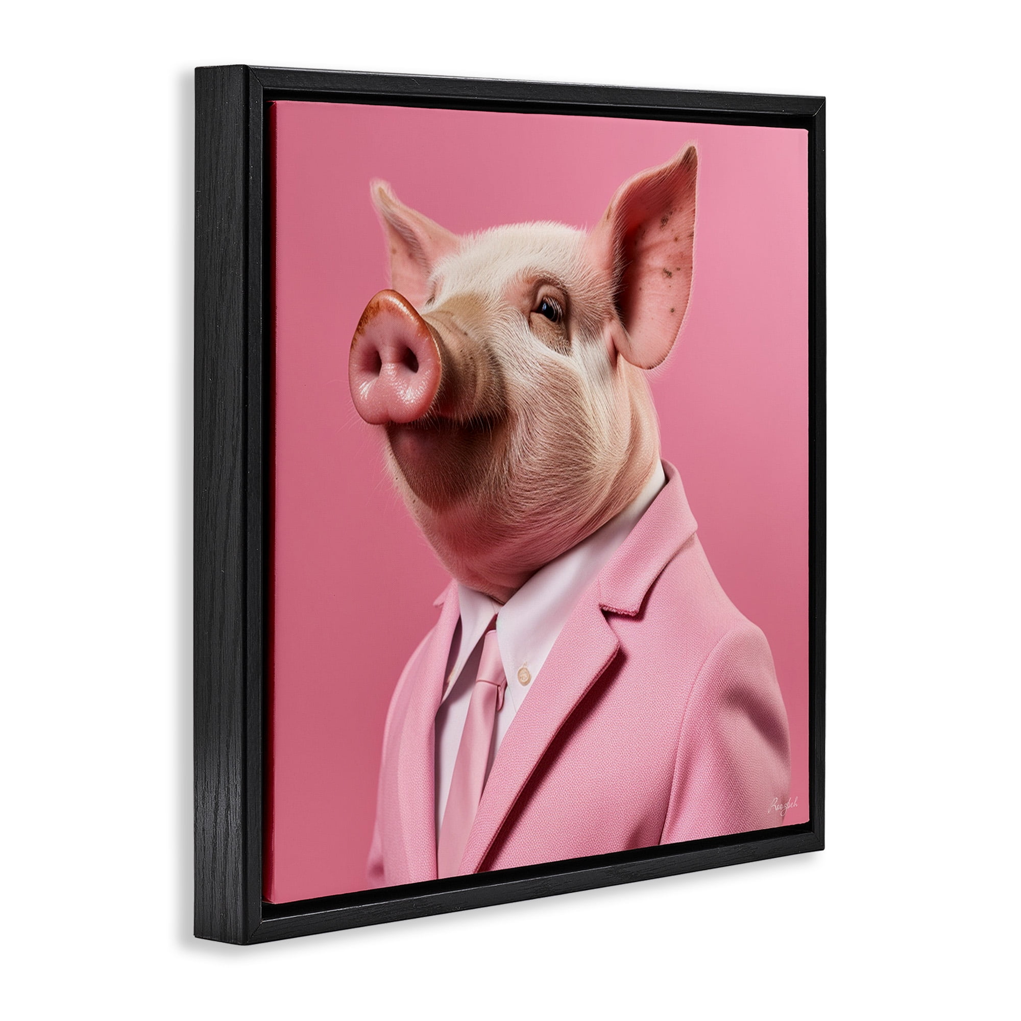 Stupell Industries Pink Pig Fashion Animals & Insects Painting Black Floater Framed Canvas Art Print Wall Art, 25 x 25