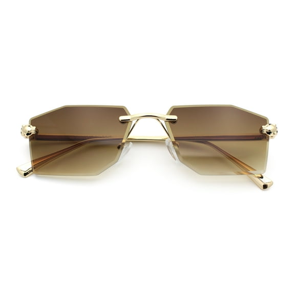 Luxe Bevel Geometric Square Rectangle Rimless Cougar Head Sunglasses Gold - Brown
