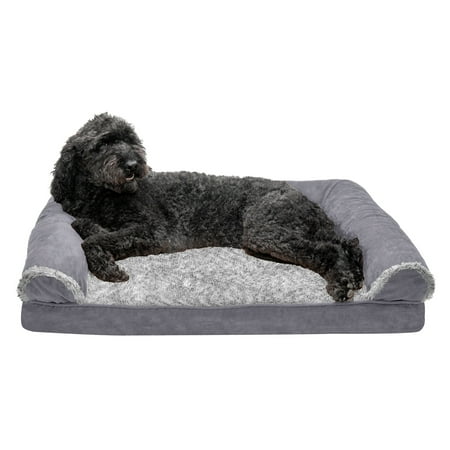 UPC: 0842229124170 | FurHaven Pet Products | Memory Foam Two-Tone Faux Fur & Suede Sofa-Style Couch Pet Bed for Dogs & Cats Stone Gray Large