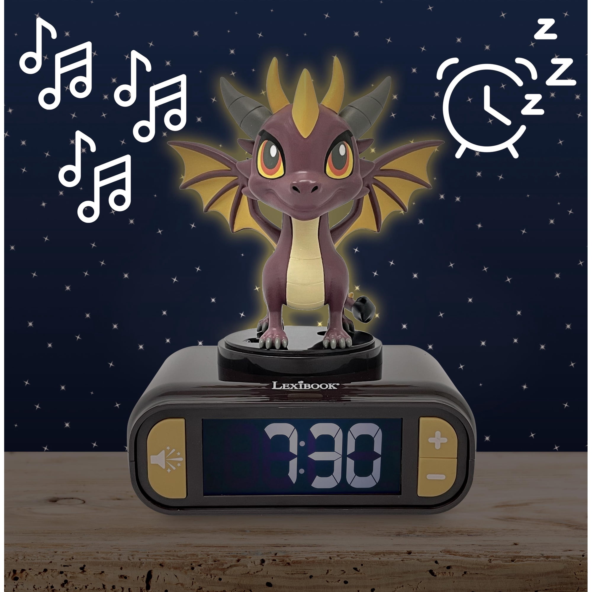 Lexibook Dragon Nightlight Alarm Clock with Sound Effects, Black, Kids