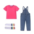 thumbnail image 3 of Avtoify Summer Girls Short Sleeve Round-Neck Shirts Solid Color Short Sleeve Top Denim Suspender Pants Matching Socks 3 Piece Unisex Outfit for Kids Aged 1-10 Daily Outfit Suit, 3 of 10