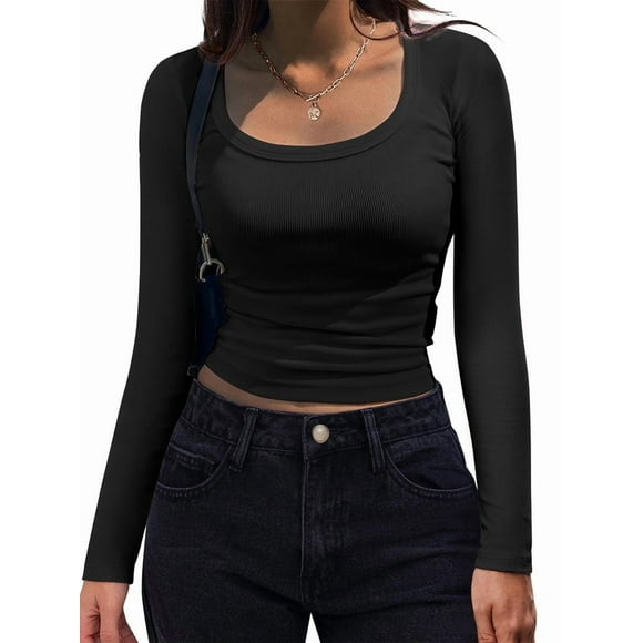 Women'S Long Sleeve Scoop Neck Shirts Casual Slim Fit Rib Knit Tops Summer Fall Basic Business Work Tee Black L