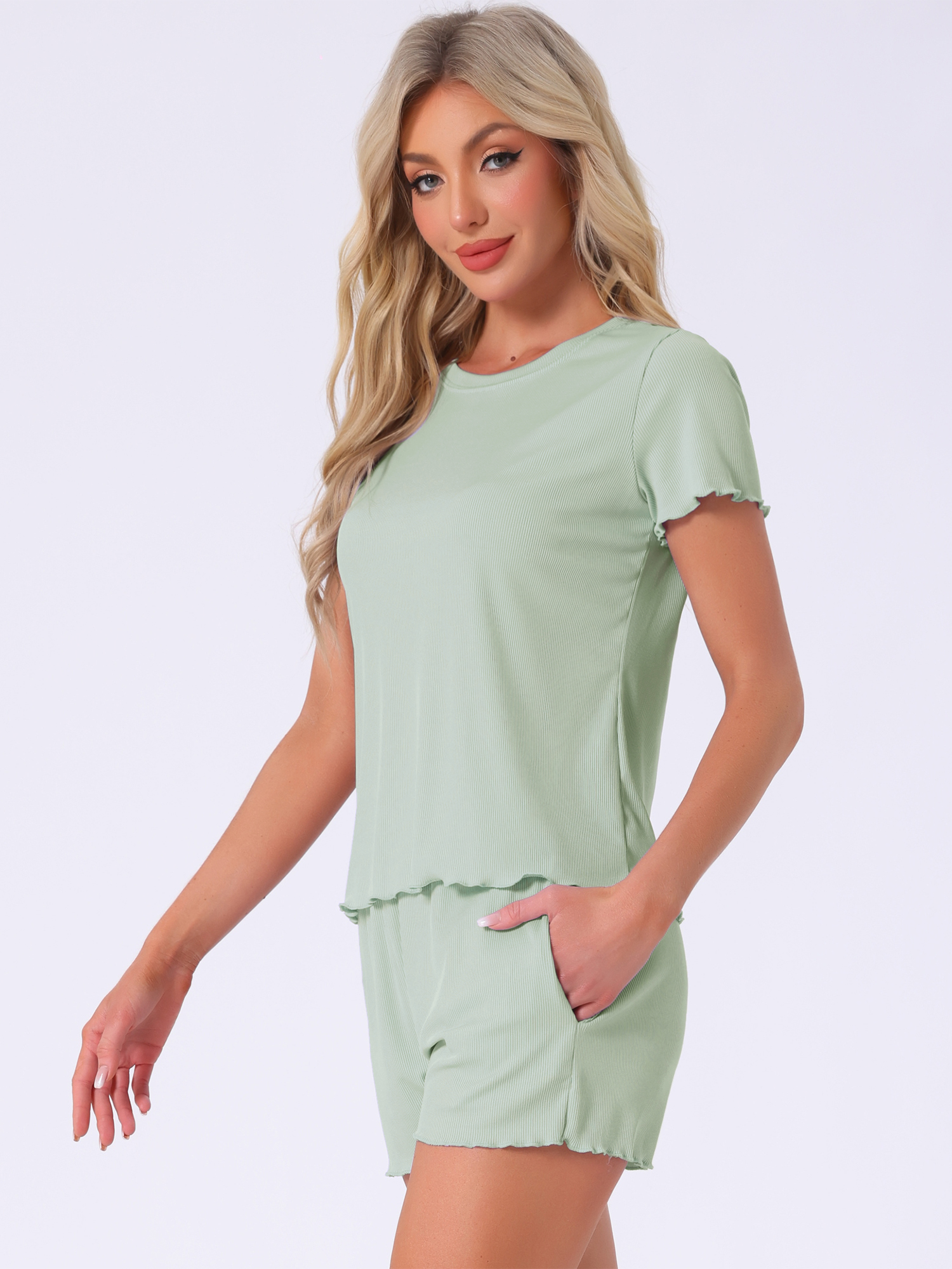 DARING DIVA Ribbed Knit Pajama Set Soft Short Sleeve Top XS Green