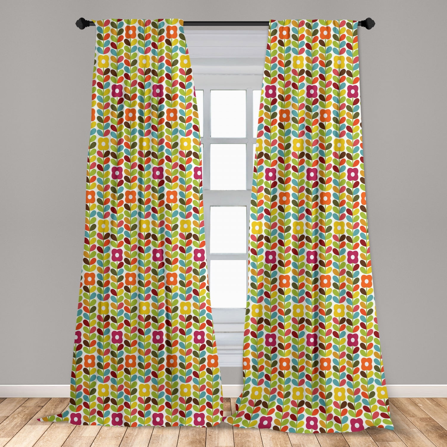 Colorful Curtains 2 Panels Set, Scandinavian Leaves and Flowers Pattern