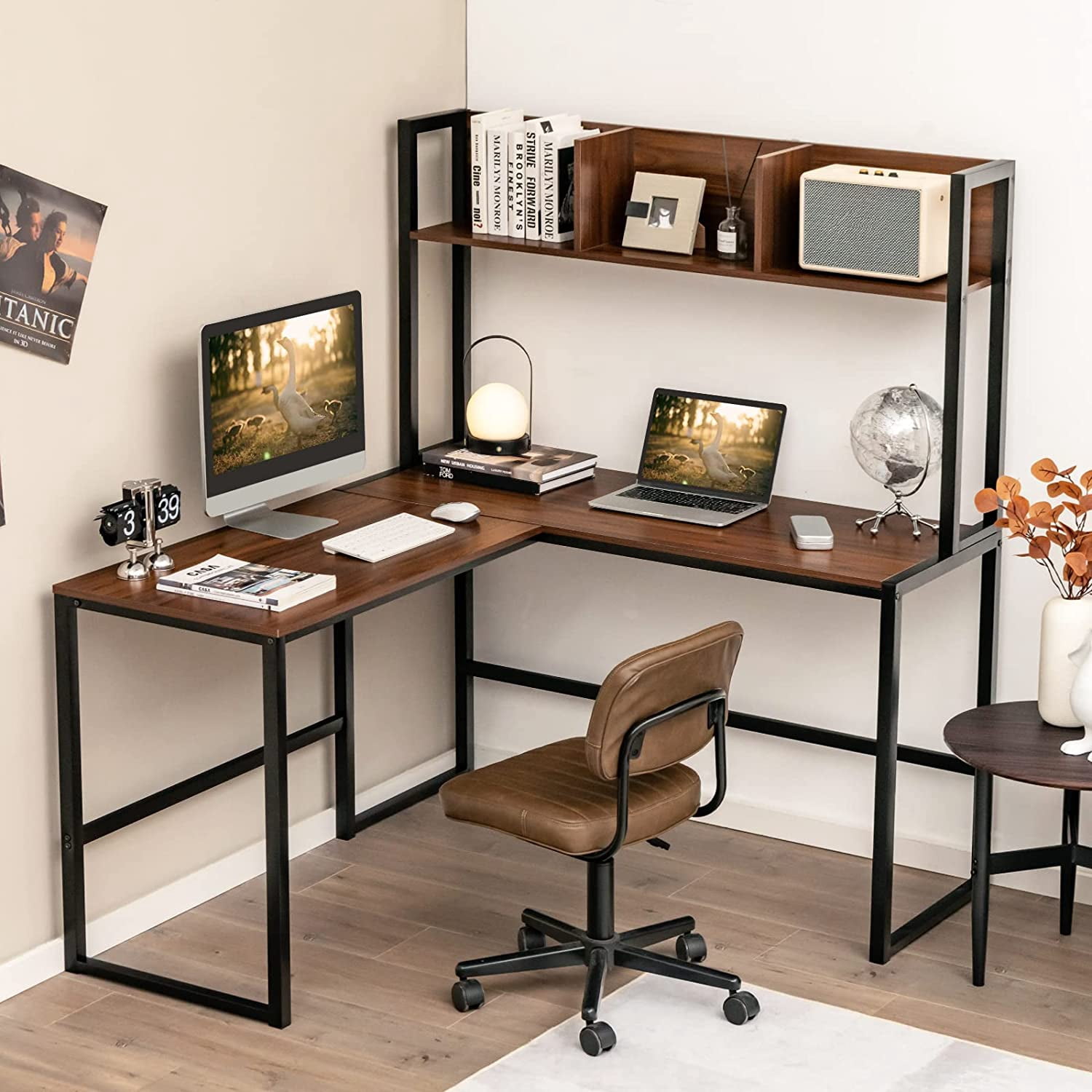Neatifyes Reversible L-Shaped Desk with Hutch, Space Saving Corner Computer Desk with Storage Shelves, Home Office Study Writing Desk Computer Workstation with Storage Bookshelf, Gaming Desk