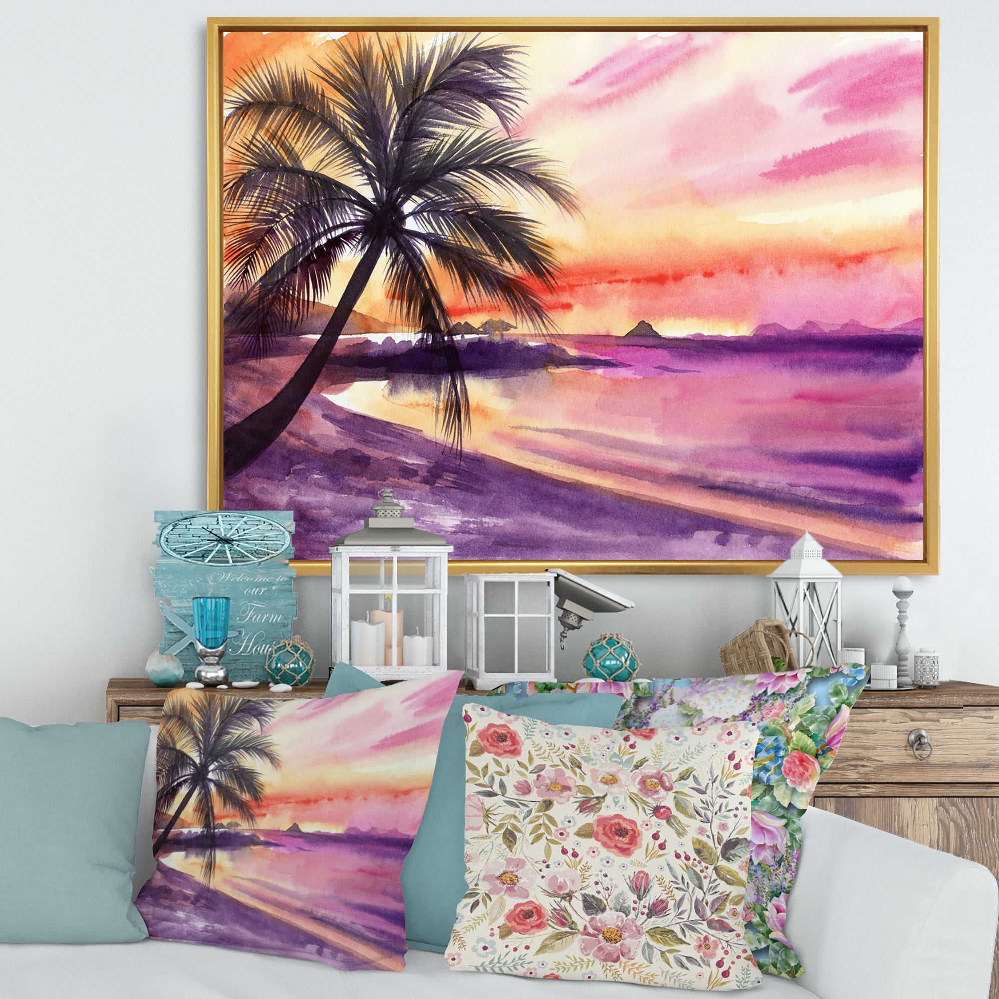 Designart 'Purple and Pink Palm Beach Sunset' Nautical & Coastal Framed Canvas Wall Art Print