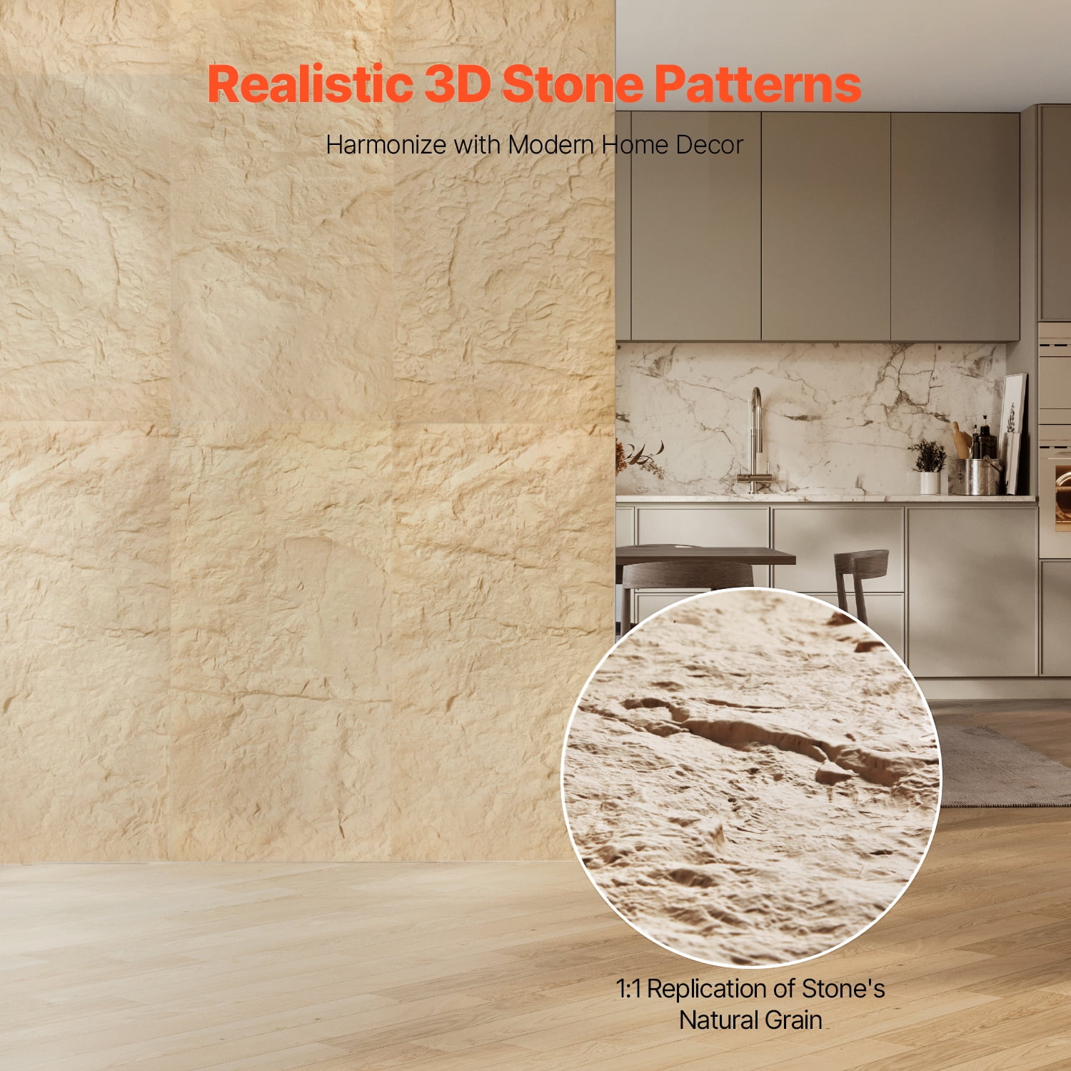 KFFKFF 3D Wall Coverings PU Faux Stone Wall Art Tiles, Set of 4,48 x 24 inches
