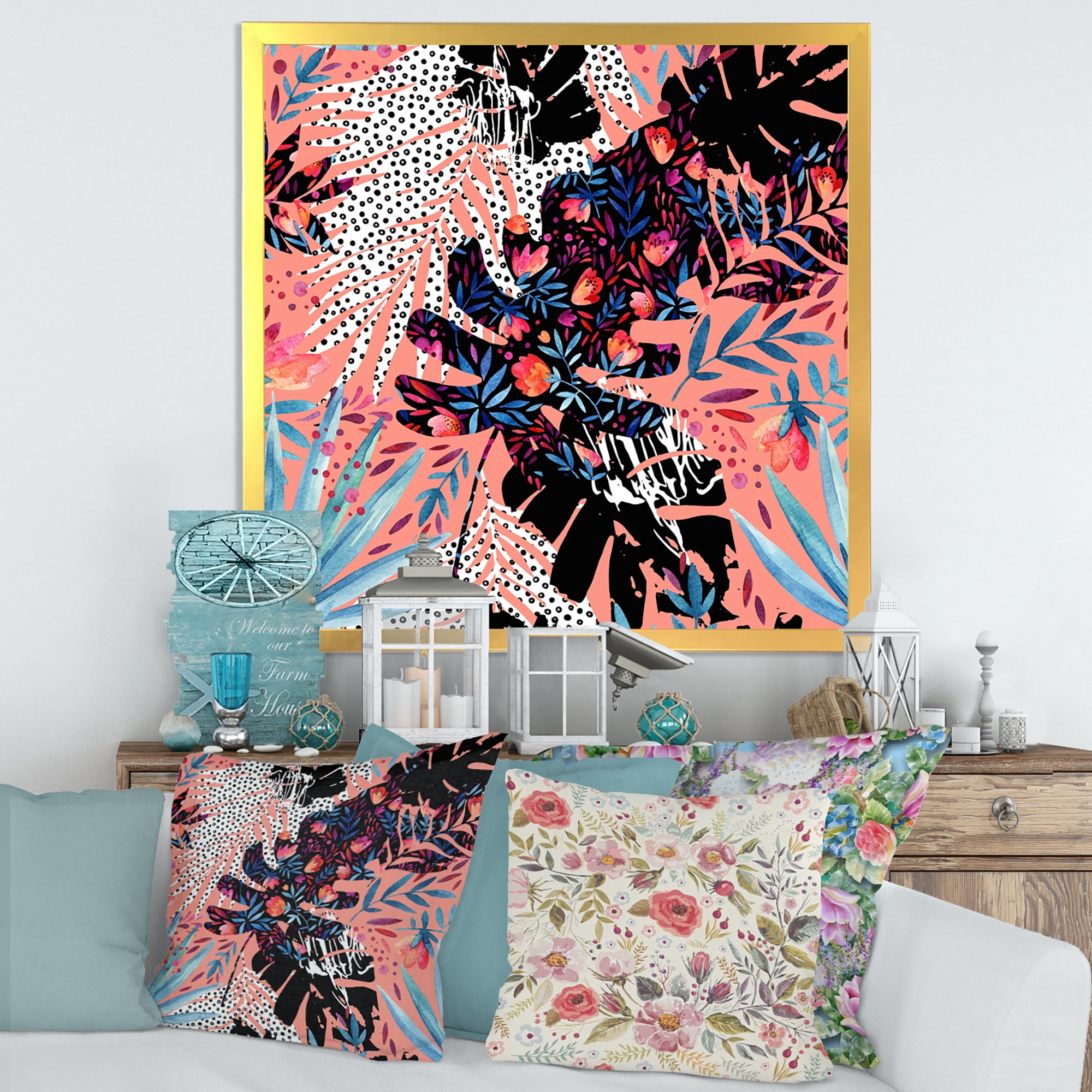 Designart 'Abstract Tropical Floral Patchwork II' Tropical Framed Art Print