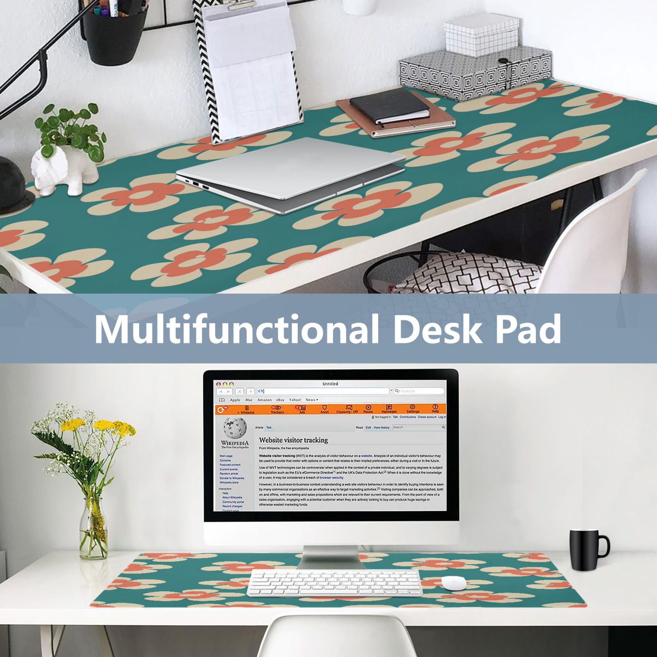 Leather Keyboard and Mouse Desk Mat Office Desk Accessories Protective Office Desk Decor Desk Pad Mat for Gaming, Work from Home, Office Peach Color Flowers 23.6" x 47.2"