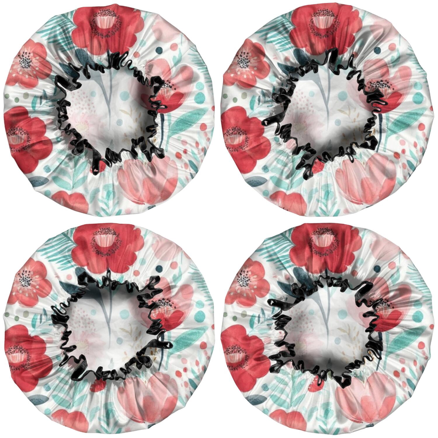 Shower Caps,Pioneer Flower Floral Print Pattern Waterproof Shower Cap for Women 4 Pieces,Double Reusable Hair Cover for Shower PEVA Elastic Stretch Hem