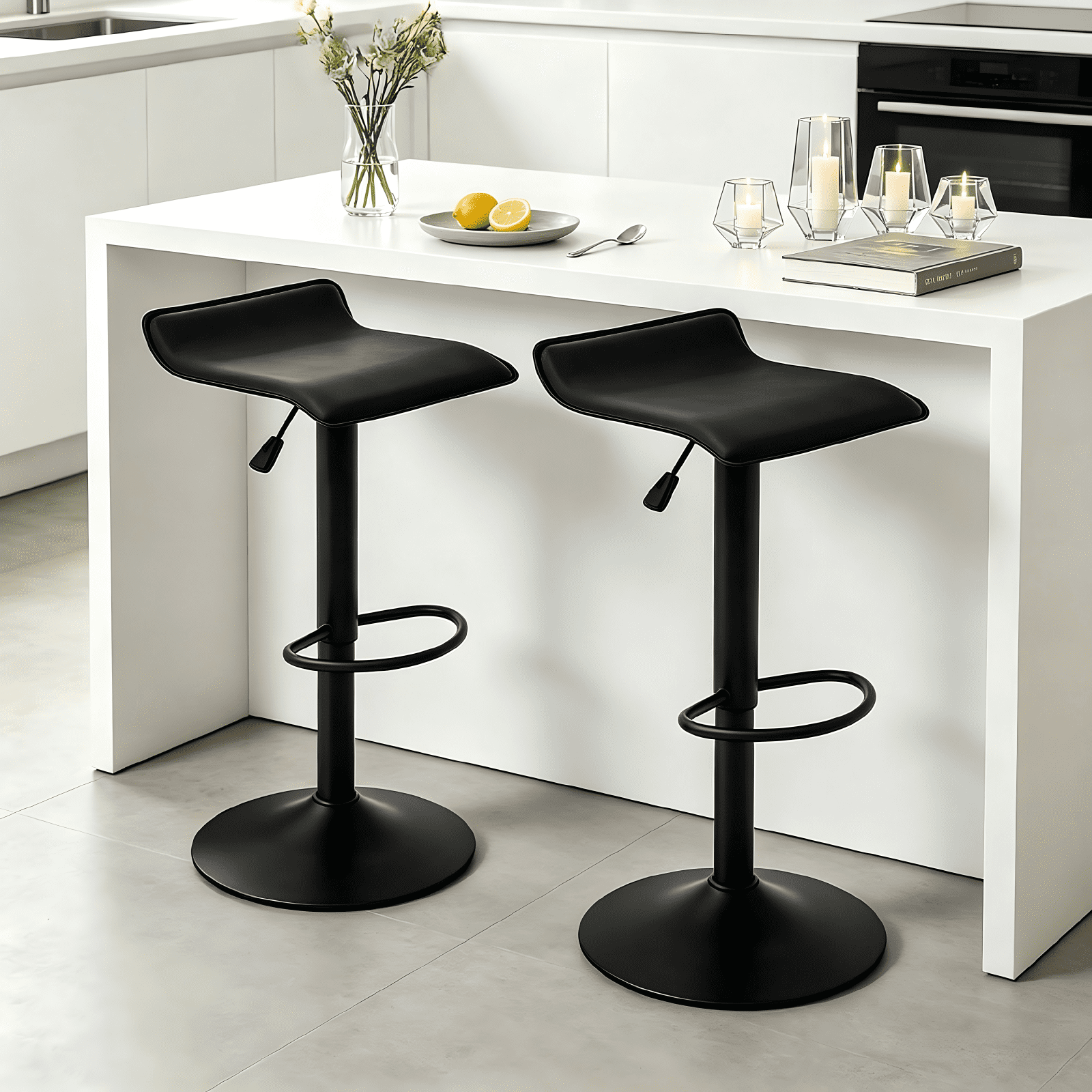 Backless Bar Stools Set of 2, 360° Swivel Adjustable Height PU Leather Bar Chairs, Modern Simple Counter Stools for Kitchen Island, Dining, Bar or Café Use (Black)