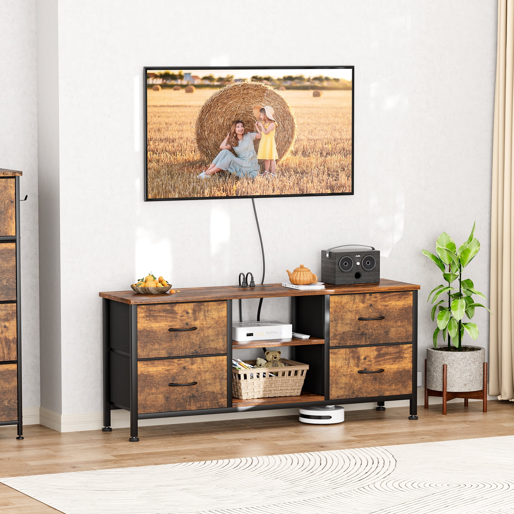 GIKPAL 4 Drawer Dresser TV Stand, Dressers for Bedroom Up to 50" TV Stand Chest of Drawers, Brown