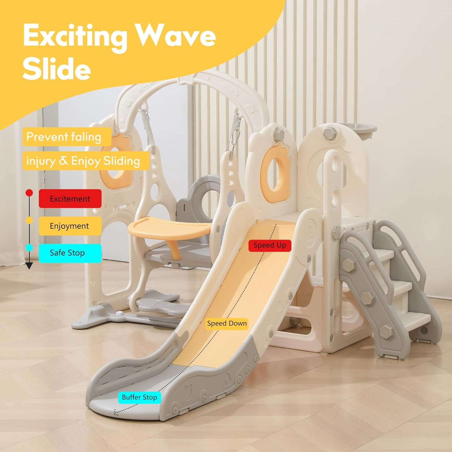 KATLAZIC Toddler Slide with Swing Set, 6-in-1 Indoor Playset for Ages 1-3, L Shaped Slide with Basketball, Baby Slide Hoop for Boys and Girls