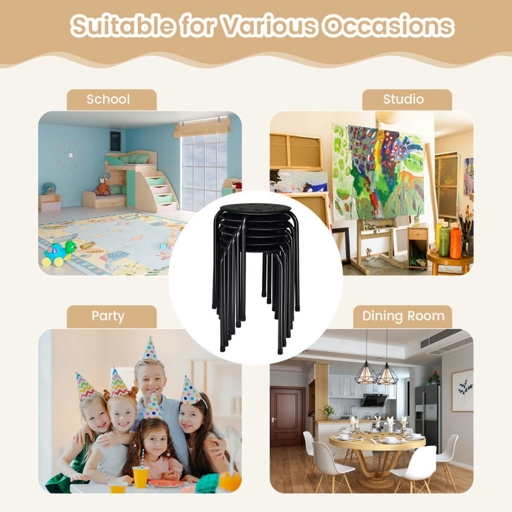 Demi Bonn Set of 6 Portable Plastic Stack Stools, Dining Chairs with Stackable Space Saving Design, Black