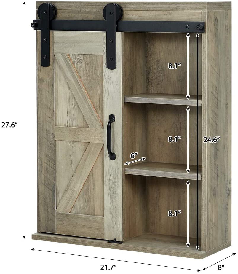 Brown MELLCOM Wood Wall Storage Cabinet with Sliding Barn Door,3-Tier Organizer Bathroom Cabinet with Adjustable Shelf Freestanding Furniture