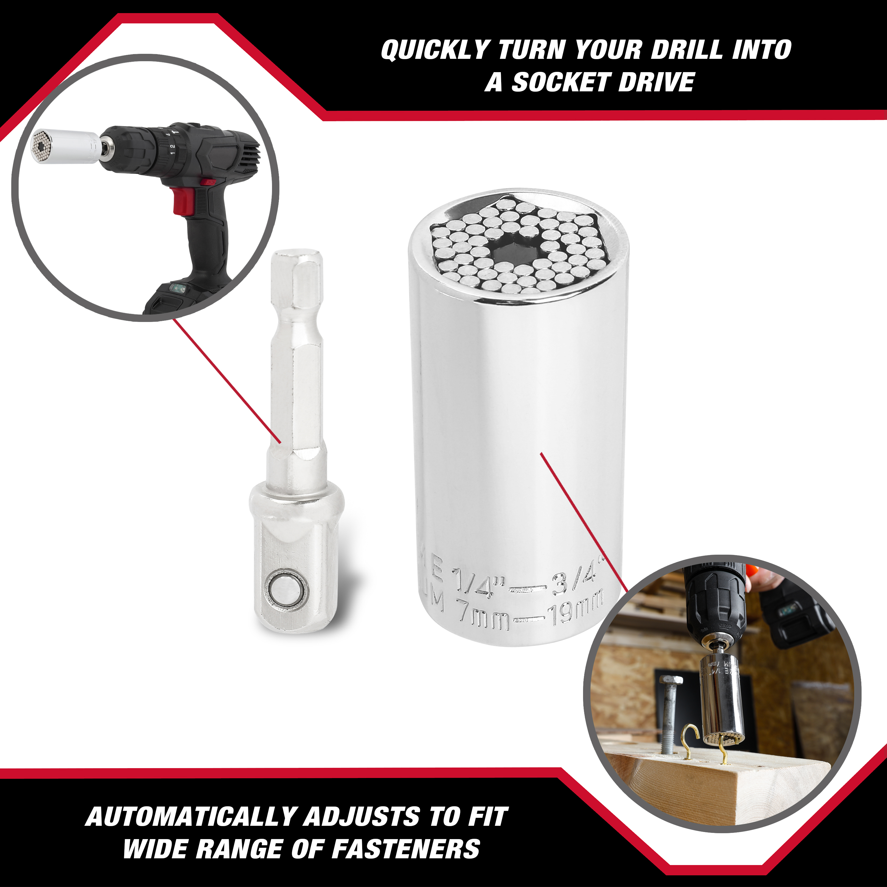 Adaptador Universal de Dados Hyper Tough con Adaptador para Taladro, Ajusta de 1/4 a 3/4 de pulgada 5